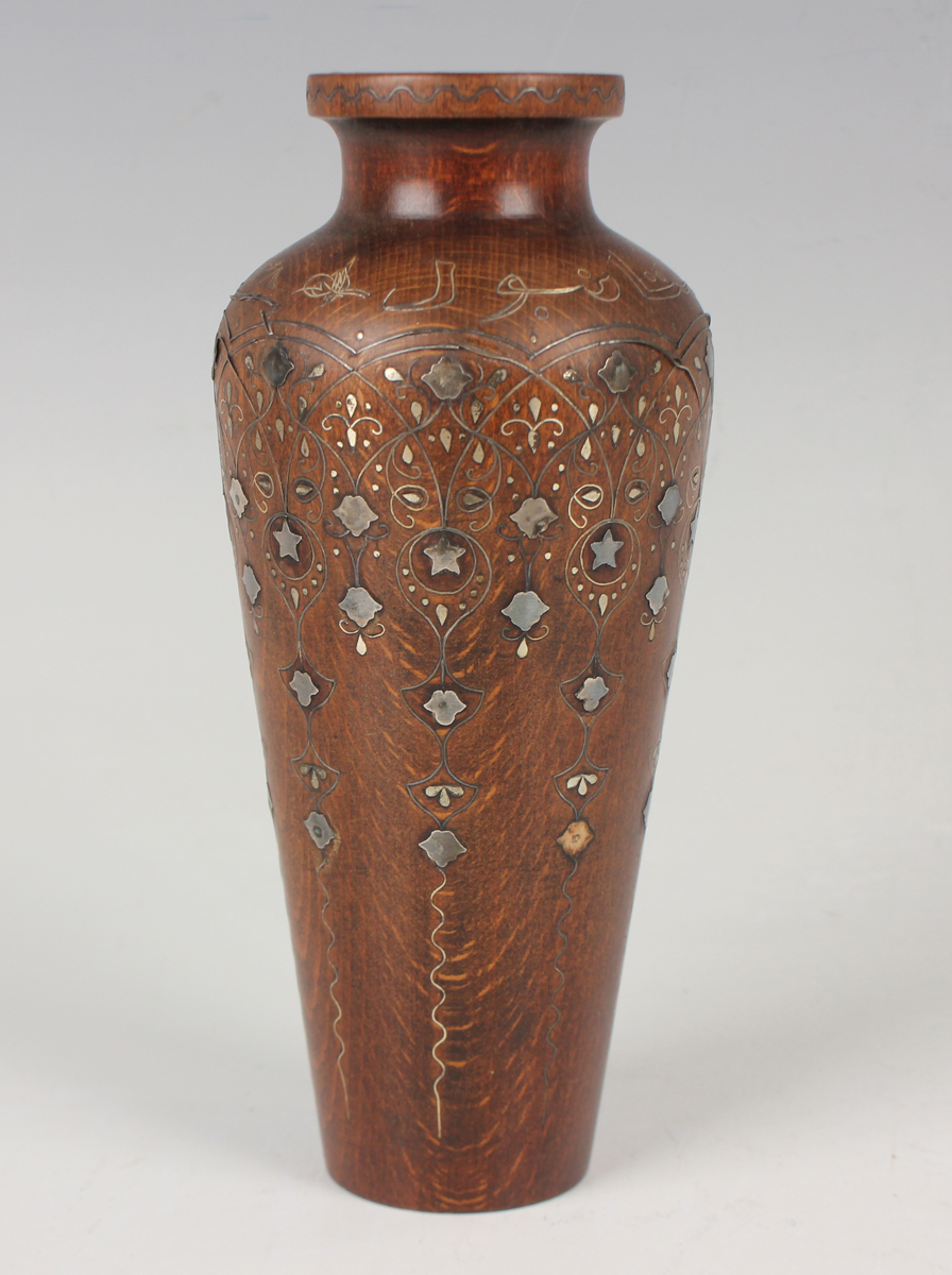 A pair of Islamic inlaid wooden vases, probably Syrian, early 20th century, each shouldered tapering - Image 14 of 28