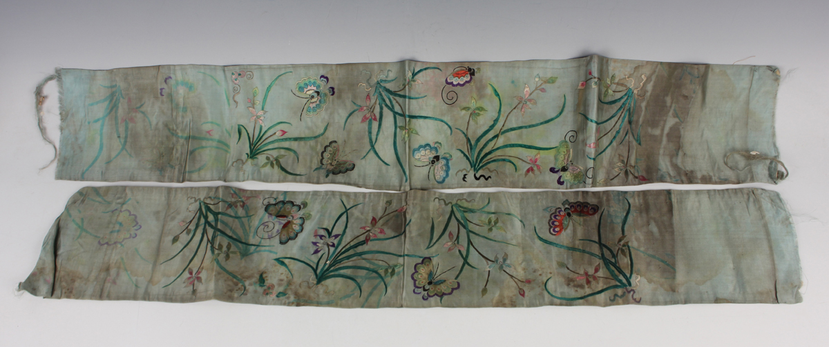 A small collection of Chinese export silkwork, late Qing dynasty, including a collar, decorated with - Image 18 of 43