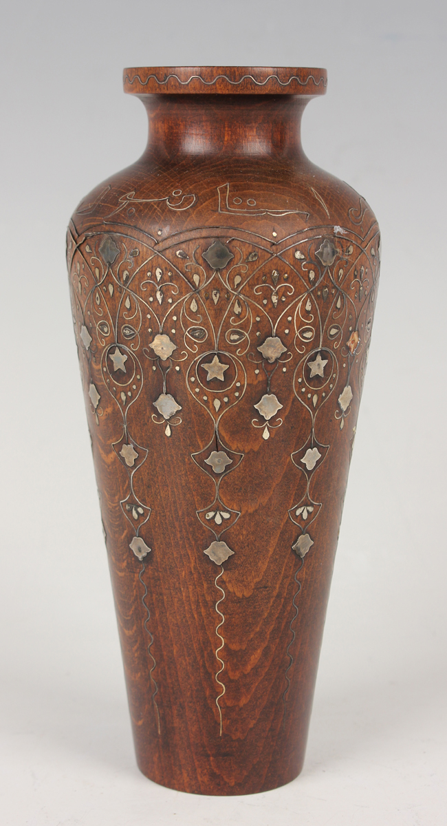 A pair of Islamic inlaid wooden vases, probably Syrian, early 20th century, each shouldered tapering - Image 28 of 28