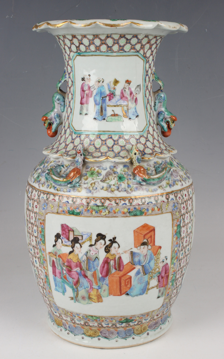 A pair of Chinese Canton famille rose porcelain vases, mid-19th century, each shouldered body and - Image 14 of 24