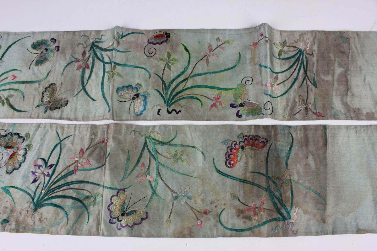 A small collection of Chinese export silkwork, late Qing dynasty, including a collar, decorated with - Image 16 of 43