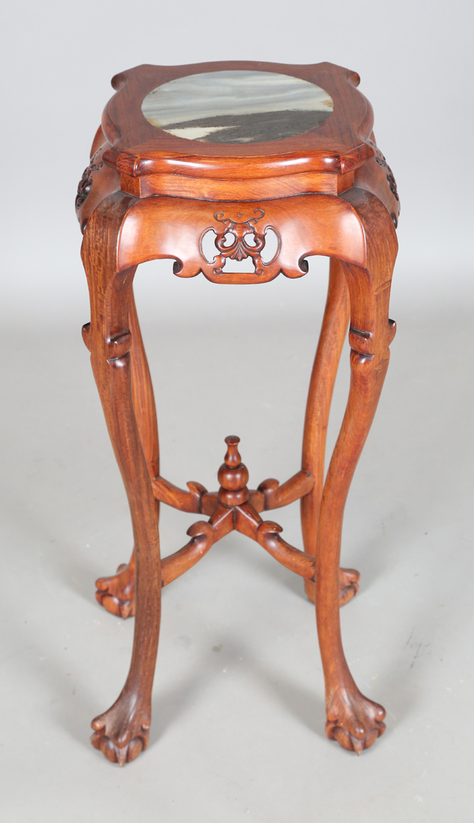 A Chinese hardwood jardinière stand, 20th century, the shaped top inset with a grey marble panel - Image 7 of 21