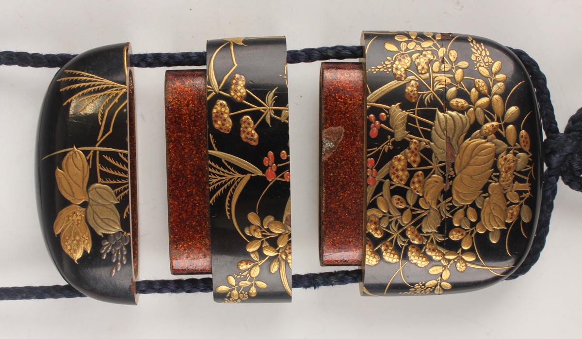 A Japanese lacquer three-case inro, Meiji period, of flattened oblong form, each side finely - Image 5 of 8