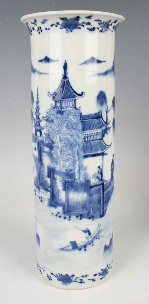 A pair of Chinese blue and white porcelain cylinder vases, mark of Kangxi but late 19th century, - Image 27 of 28