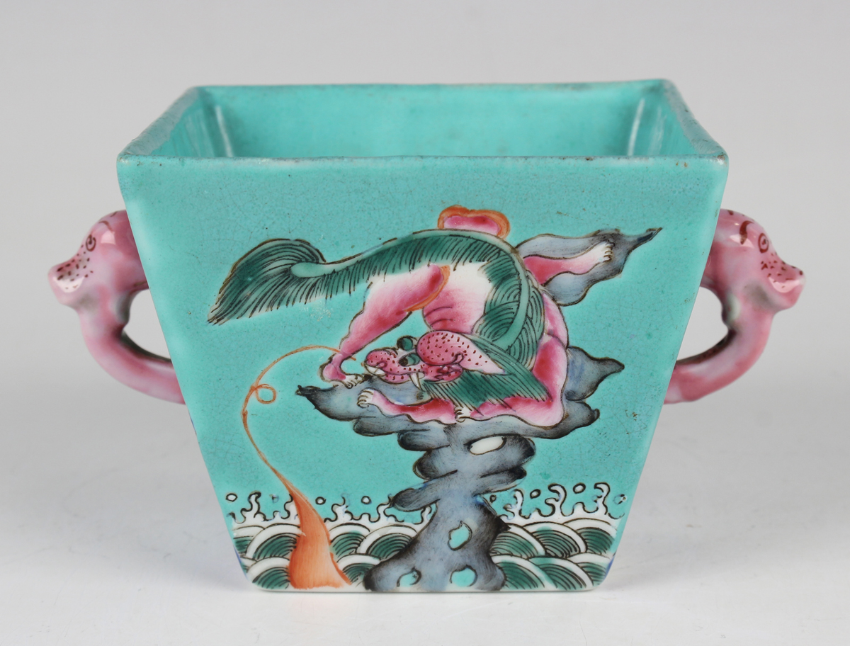 A Chinese famille rose enamelled turquoise ground porcelain two-handled pot, mark of Jiaqing but - Image 8 of 9