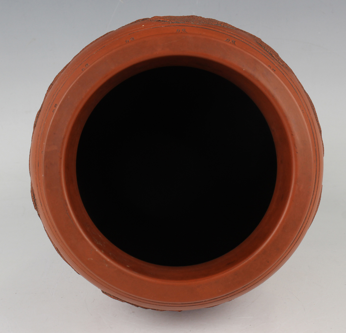 A Japanese red stoneware vase, Meiji period, of shouldered tapering form, modelled in relief with - Image 2 of 11