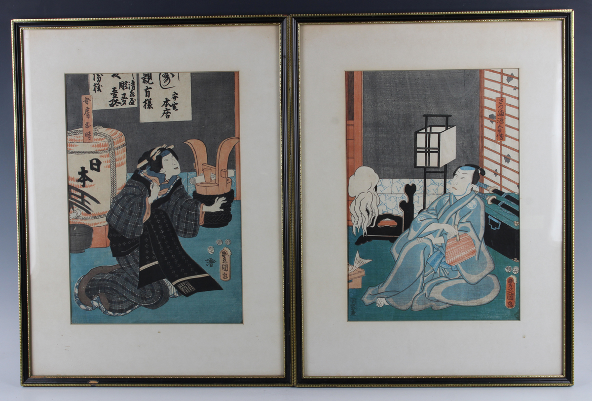 Utagawa Kunisada (1786-1864) - two Japanese oban tateye woodblock prints depicting Kabuki actors,