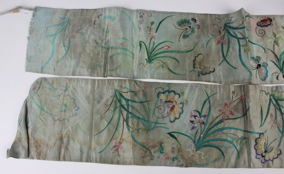 A small collection of Chinese export silkwork, late Qing dynasty, including a collar, decorated with - Image 17 of 43