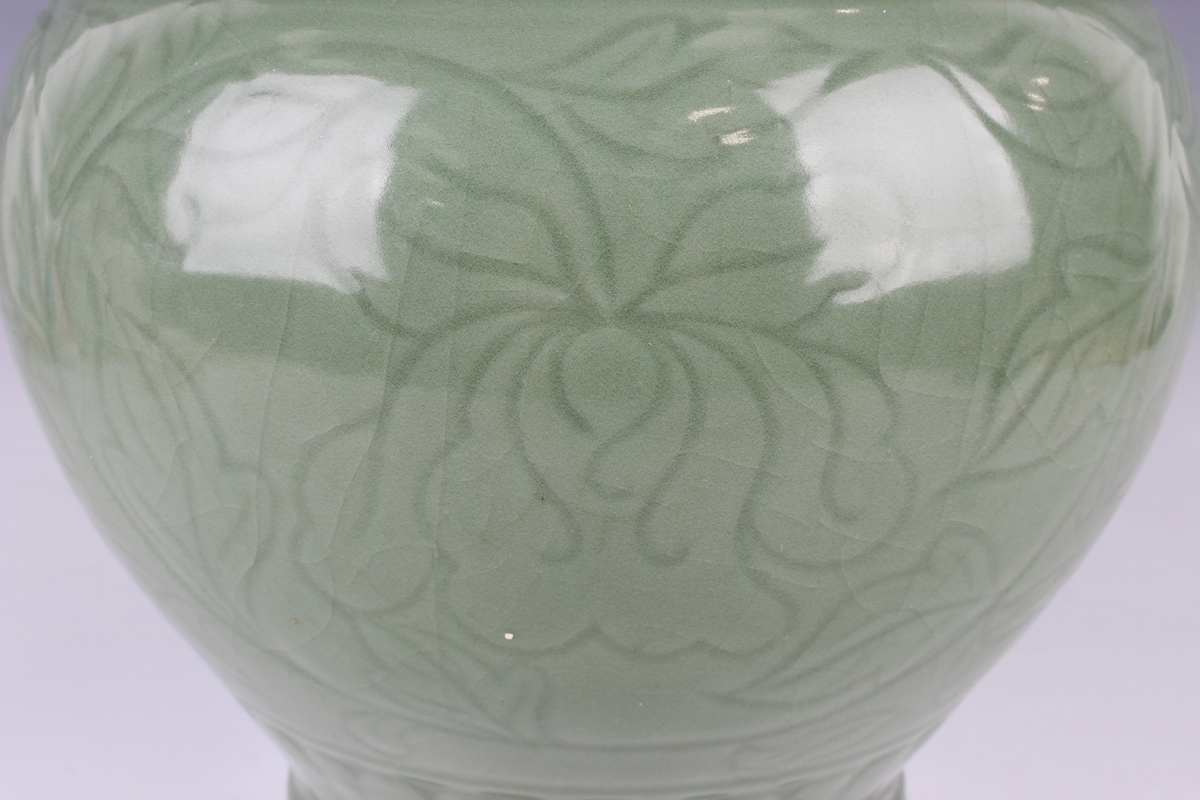 A Chinese carved celadon glazed jar and domed cover, Ming style but modern, carved in low relief - Image 11 of 11