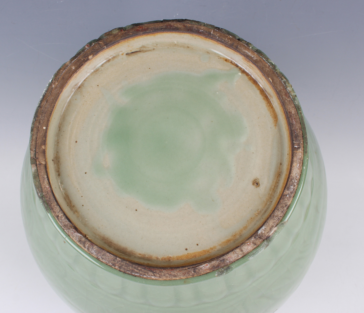 A Chinese carved celadon glazed jar and domed cover, Ming style but modern, carved in low relief - Image 6 of 11