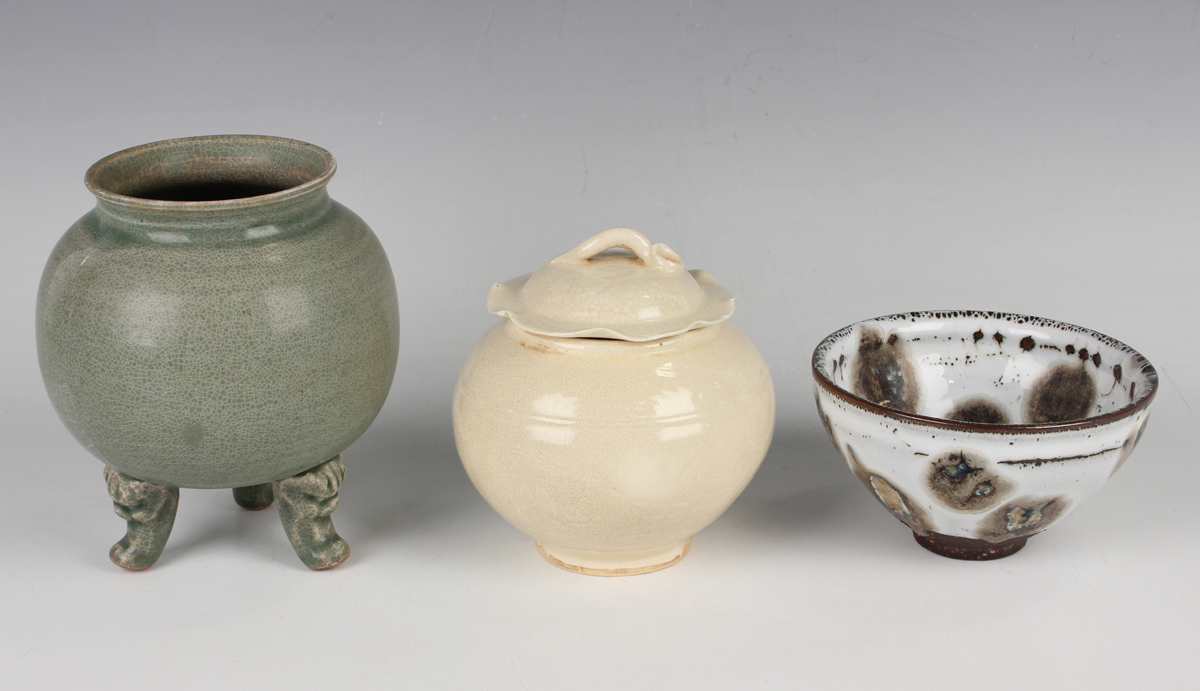 A small group of Chinese pottery, 20th century or later, including a Song style cream glazed jar and