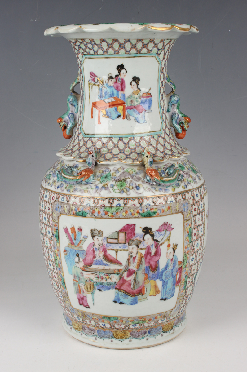A pair of Chinese Canton famille rose porcelain vases, mid-19th century, each shouldered body and - Image 12 of 24