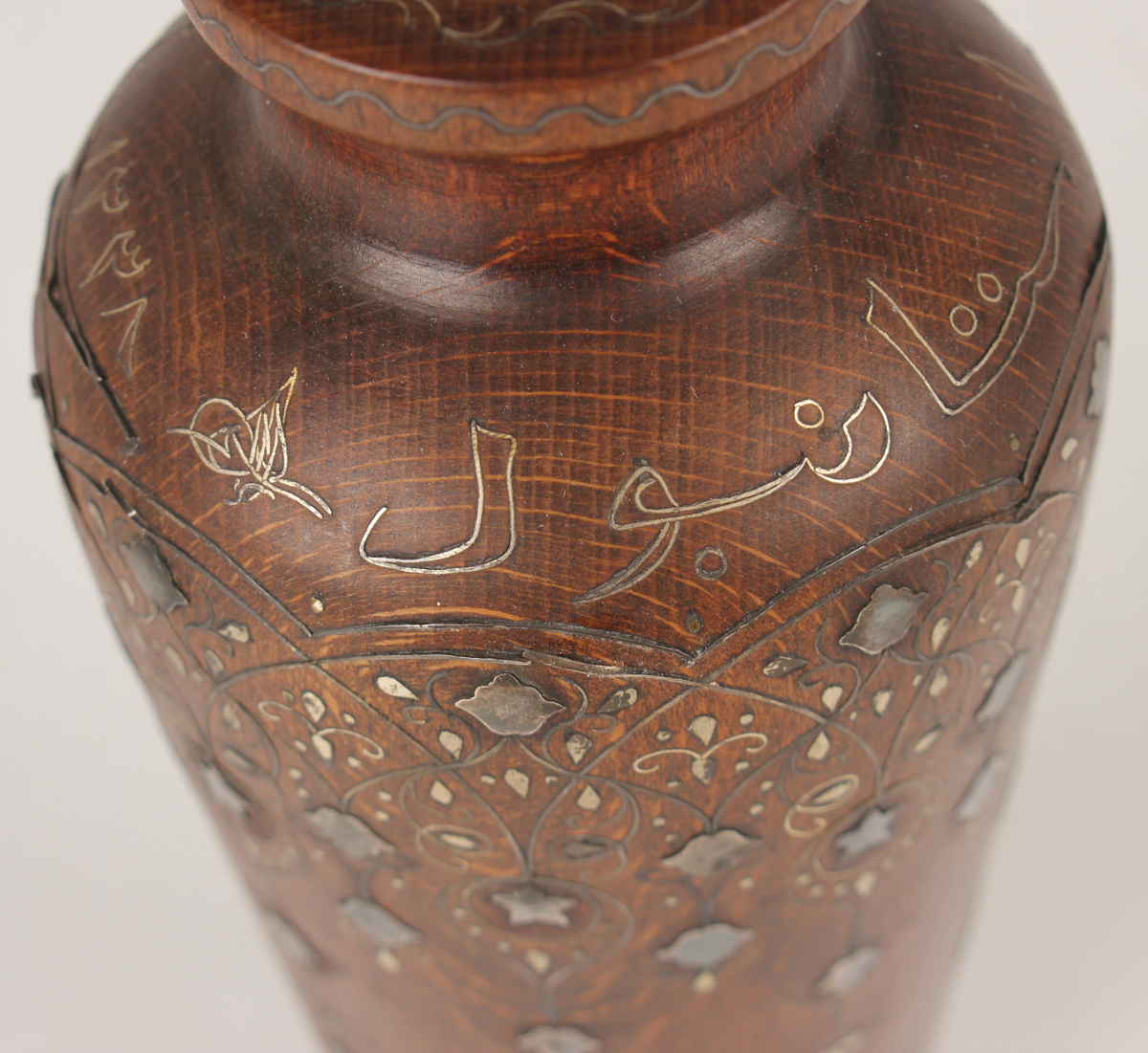 A pair of Islamic inlaid wooden vases, probably Syrian, early 20th century, each shouldered tapering - Image 7 of 28