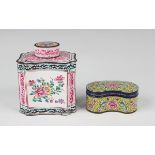 A Chinese Canton export enamel tea caddy and cover, Qianlong period, of shaped rectangular form,