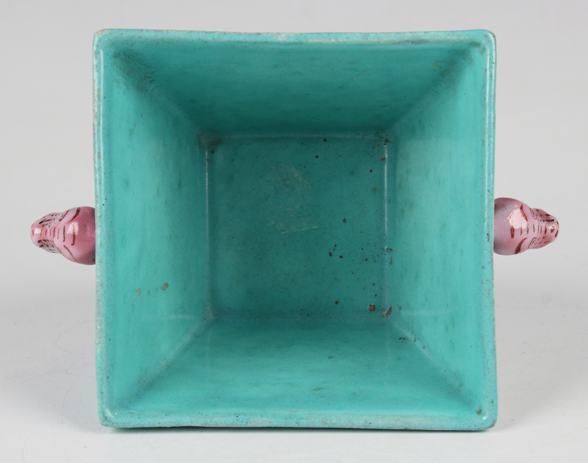 A Chinese famille rose enamelled turquoise ground porcelain two-handled pot, mark of Jiaqing but - Image 4 of 9