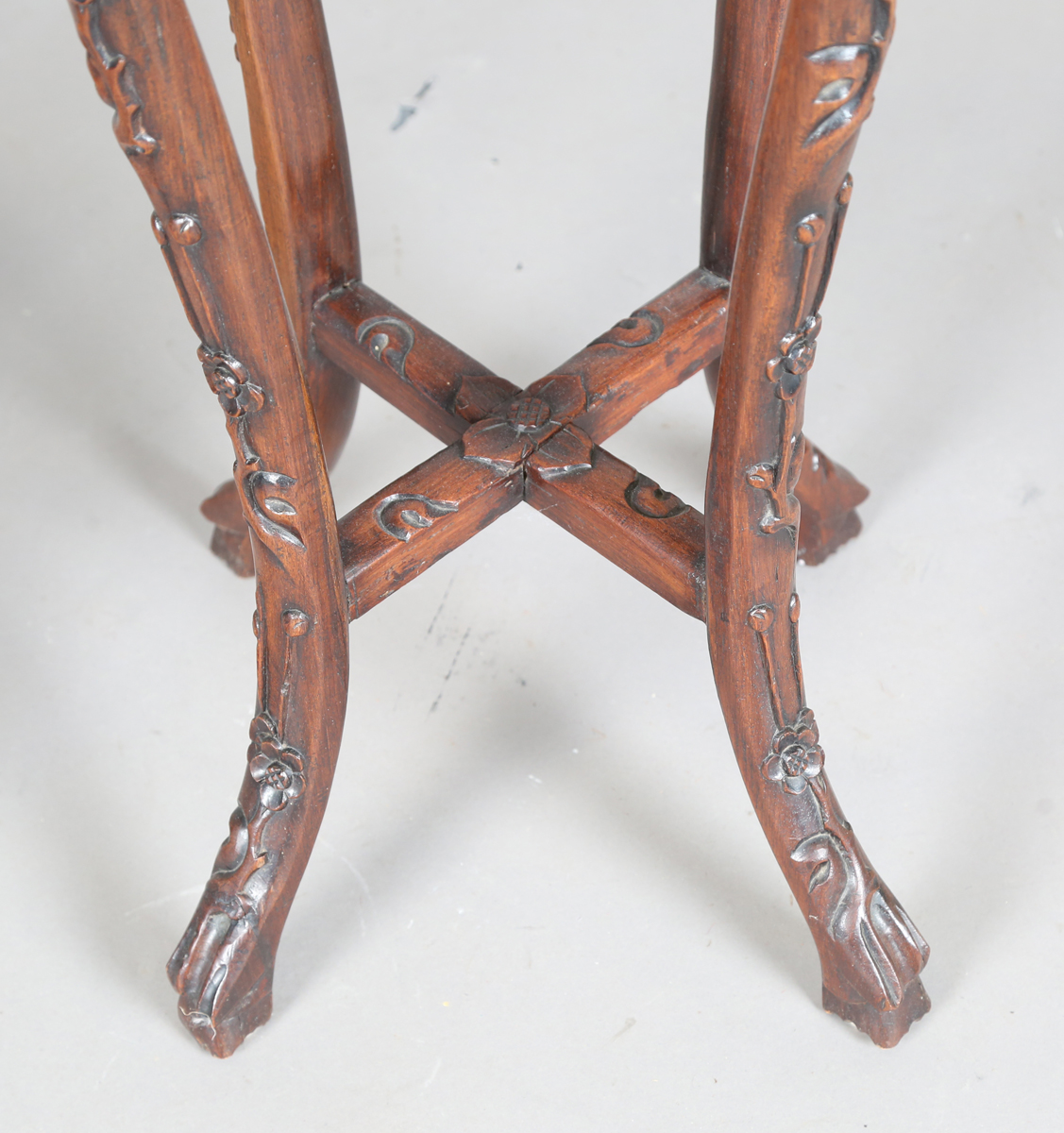 A pair of Chinese hardwood jardinière stands, late Qing dynasty, each circular top inset with a - Image 11 of 33