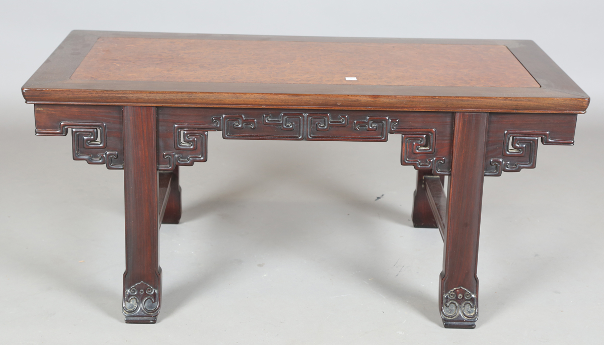 A Chinese hardwood low table, 20th century, the rectangular top inset with a burr wood panel, the - Image 8 of 20