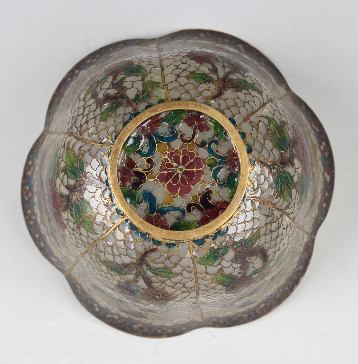 A Chinese plique-à-jour bowl, mid-20th century, of steep-sided lobed form, decorated with flowers, - Image 21 of 29