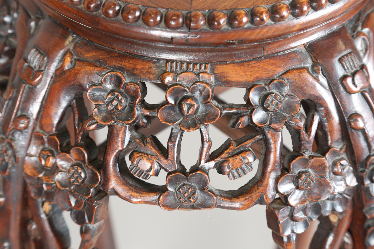 A pair of Chinese hardwood jardinière stands, late Qing dynasty, each circular top inset with a - Image 22 of 33