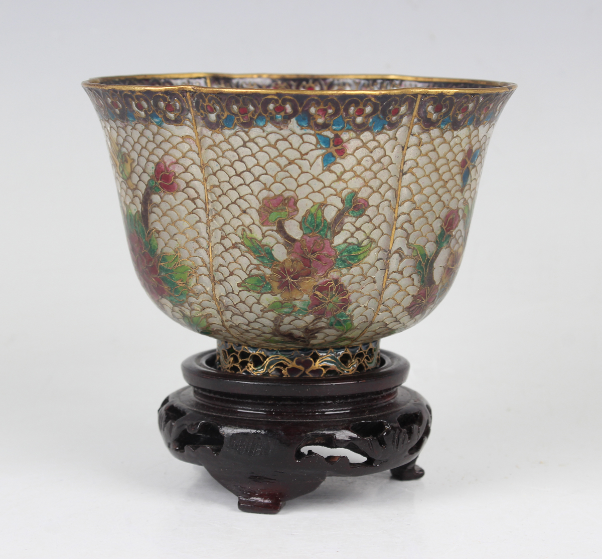 A Chinese plique-à-jour bowl, mid-20th century, of steep-sided lobed form, decorated with flowers, - Image 29 of 29