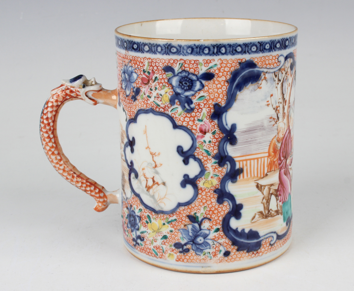 A Chinese famille rose export porcelain tankard, Qianlong period, the cylindrical body painted - Image 6 of 9