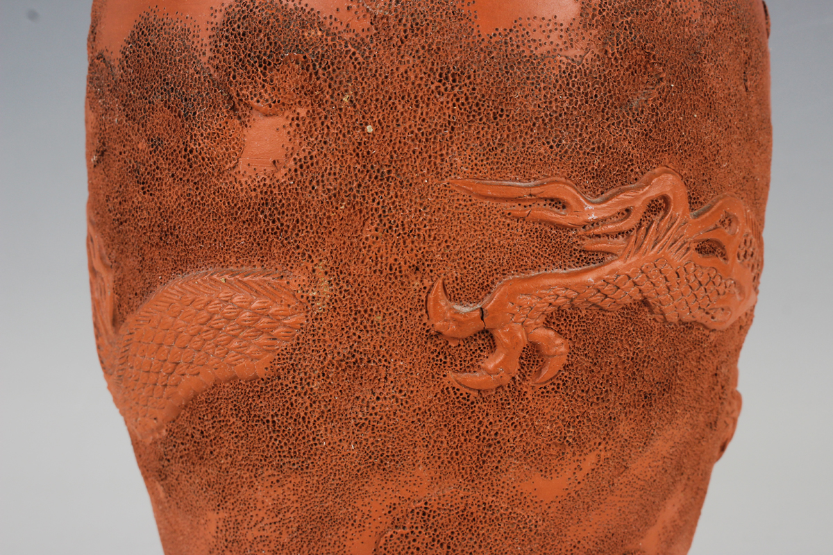 A Japanese red stoneware vase, Meiji period, of shouldered tapering form, modelled in relief with - Image 6 of 11