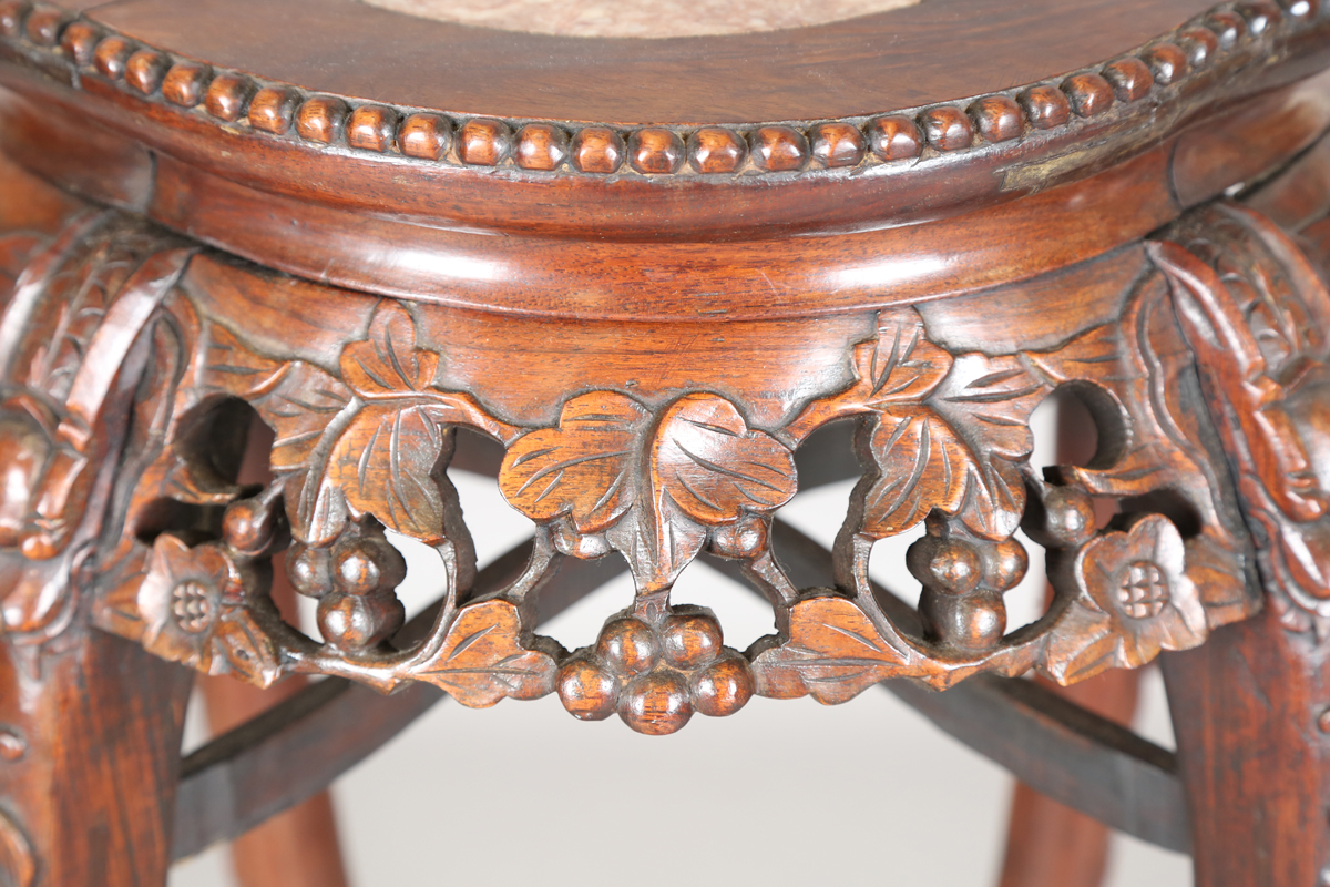 A Chinese hardwood jardinière stand, early 20th century, the quatrelobed top inset with a rouge - Image 12 of 26
