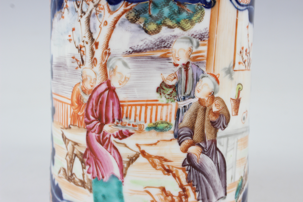 A Chinese famille rose export porcelain tankard, Qianlong period, the cylindrical body painted - Image 5 of 9