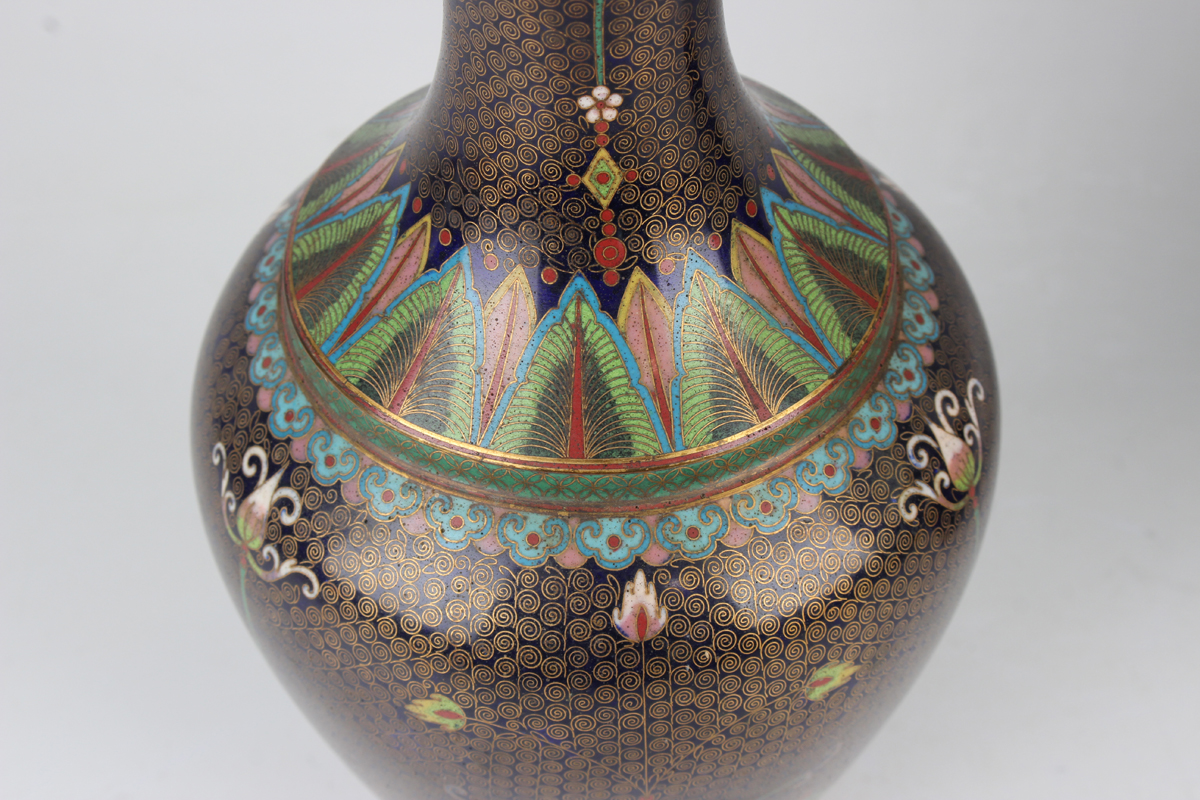 A pair of Chinese cloisonné bottle vases, early 20th century, each ovoid body and flared narrow neck - Image 8 of 12