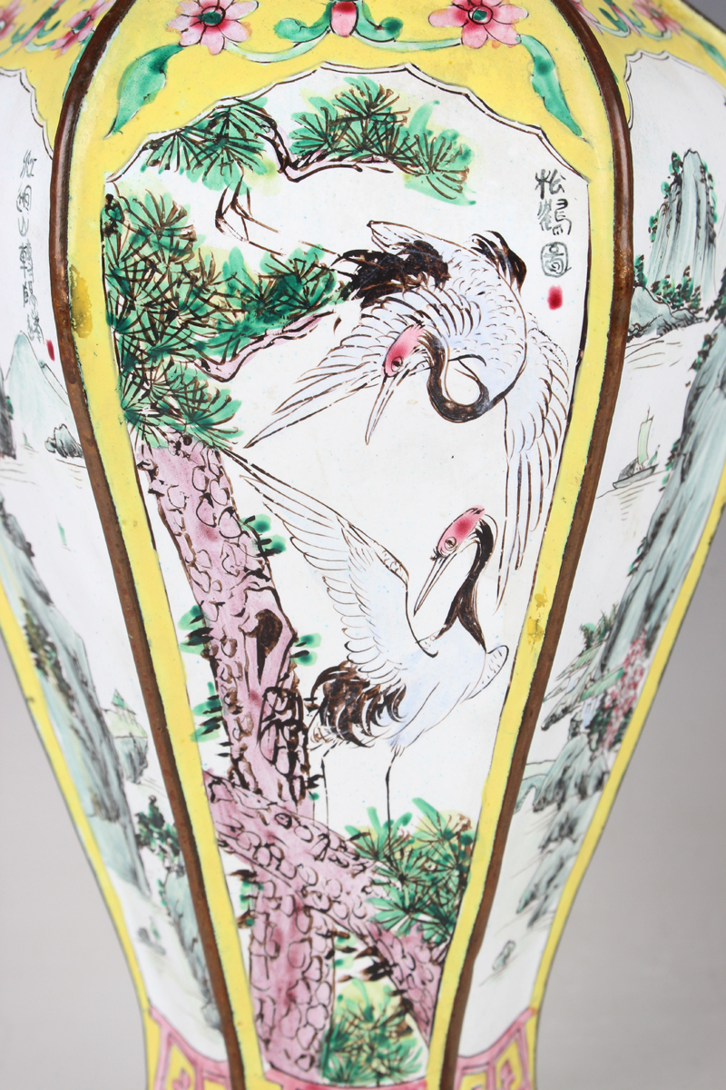 A pair of Chinese Canton enamel vases, 20th century, each of hexagonal baluster form, each facet - Image 13 of 16