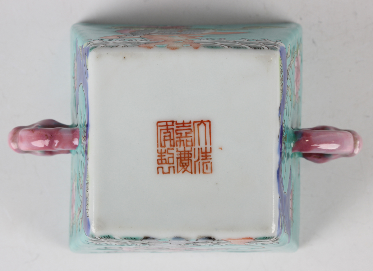 A Chinese famille rose enamelled turquoise ground porcelain two-handled pot, mark of Jiaqing but - Image 3 of 9