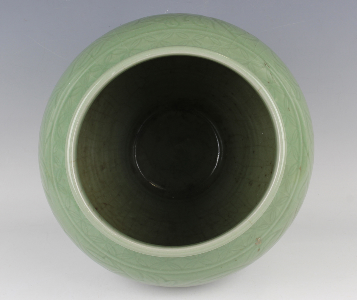 A Chinese carved celadon glazed jar and domed cover, Ming style but modern, carved in low relief - Image 7 of 11