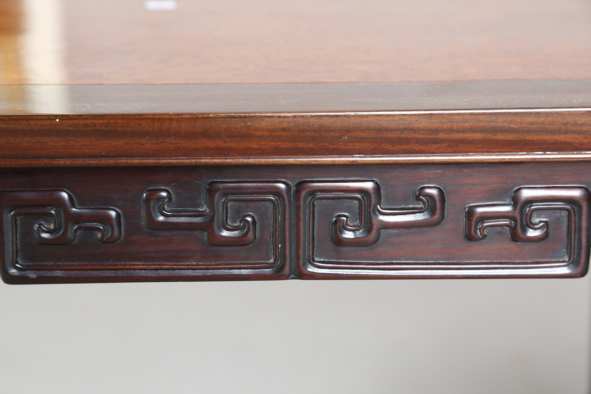 A Chinese hardwood low table, 20th century, the rectangular top inset with a burr wood panel, the - Image 14 of 20