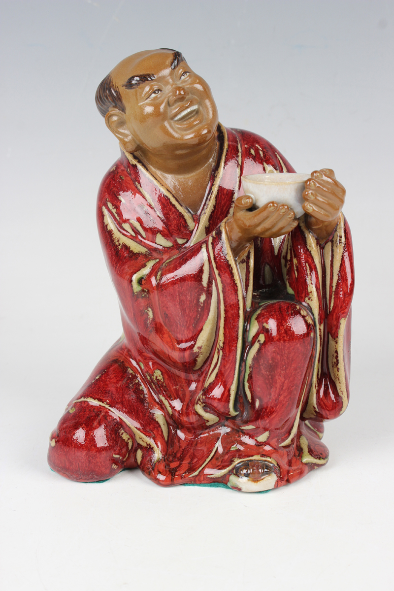 A Chinese Shiwan pottery sang-de-boeuf glazed figure of Guan Yu, modelled in a seated pose, - Image 8 of 22