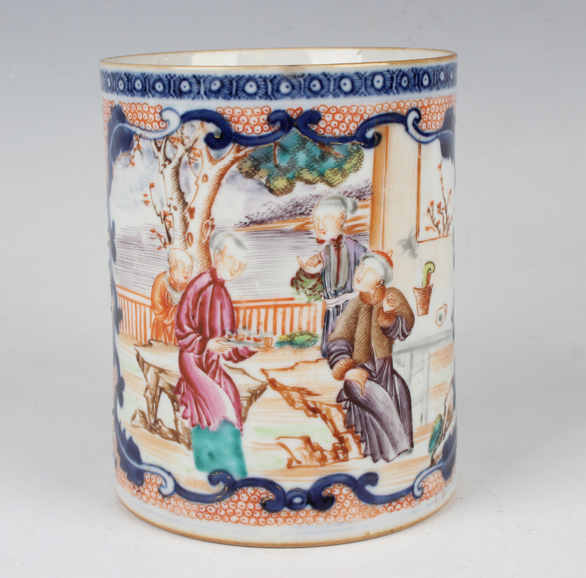 A Chinese famille rose export porcelain tankard, Qianlong period, the cylindrical body painted - Image 9 of 9
