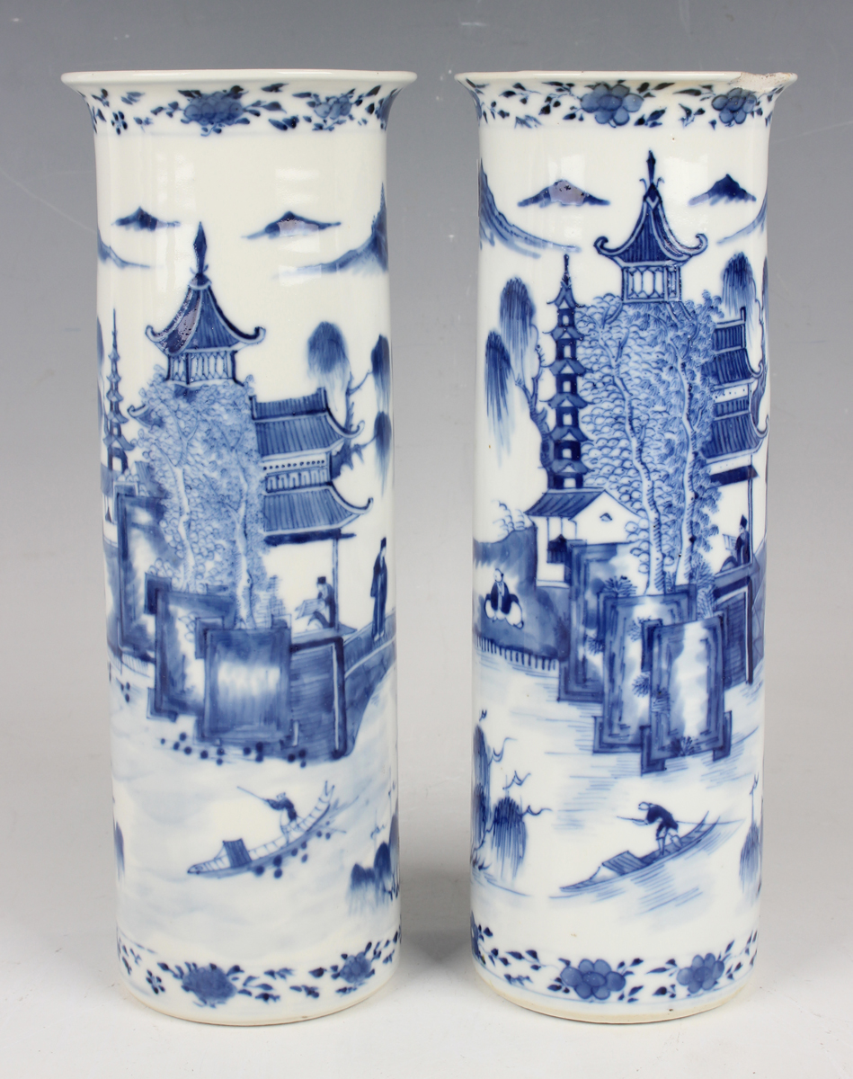A pair of Chinese blue and white porcelain cylinder vases, mark of Kangxi but late 19th century, - Image 28 of 28