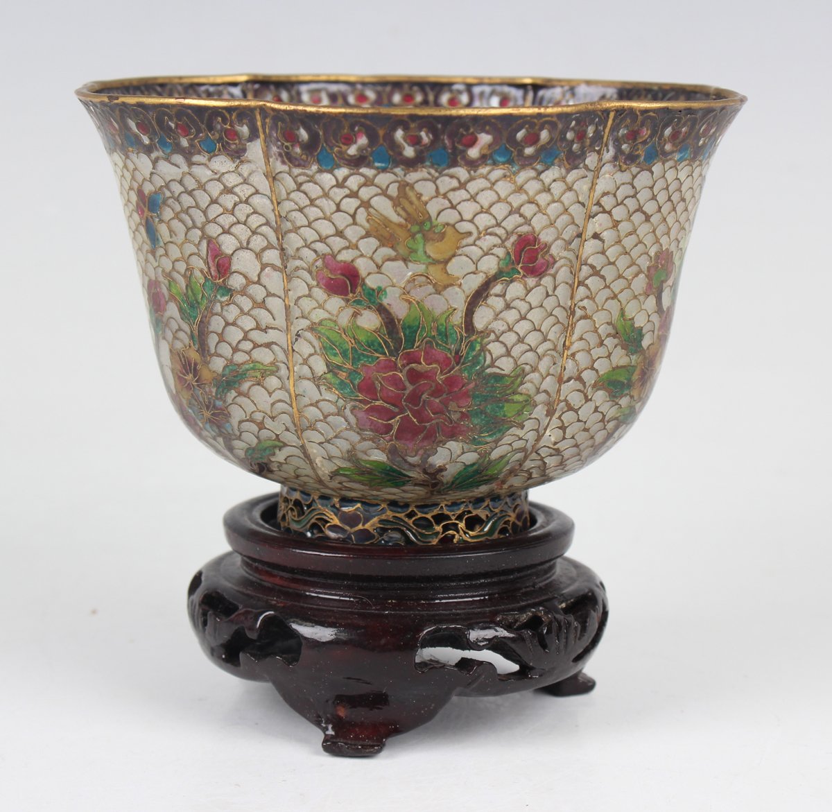 A Chinese plique-à-jour bowl, mid-20th century, of steep-sided lobed form, decorated with flowers, - Image 27 of 29