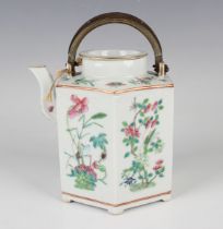 A Chinese famille rose porcelain teapot and cover, late Qing dynasty, of hexagonal form, painted