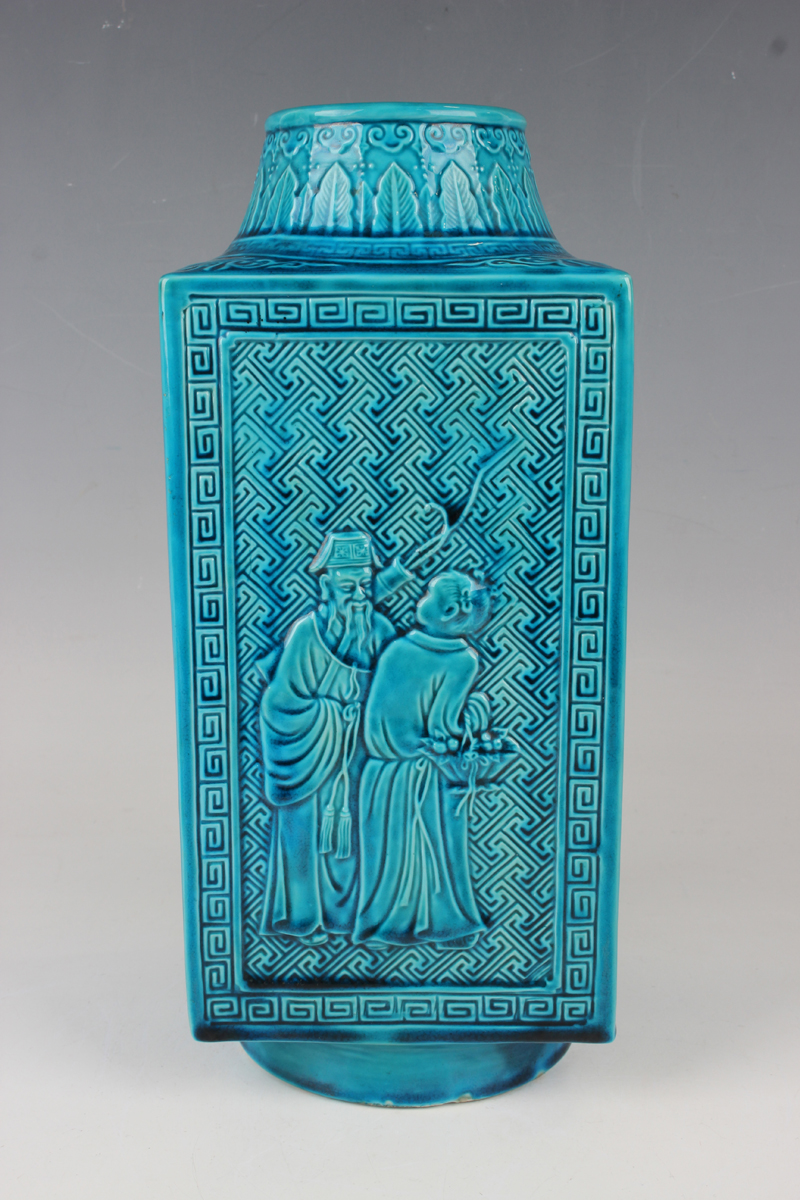 A Chinese turquoise glazed porcelain cong vase, late 19th century, each side moulded in relief - Image 7 of 10