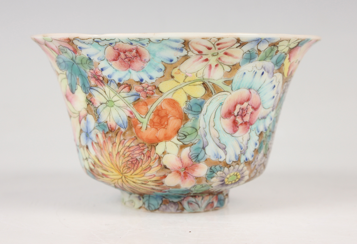 A Chinese famille rose millefleurs porcelain bowl, mark of Qianlong but Republic period, of flared - Image 37 of 37