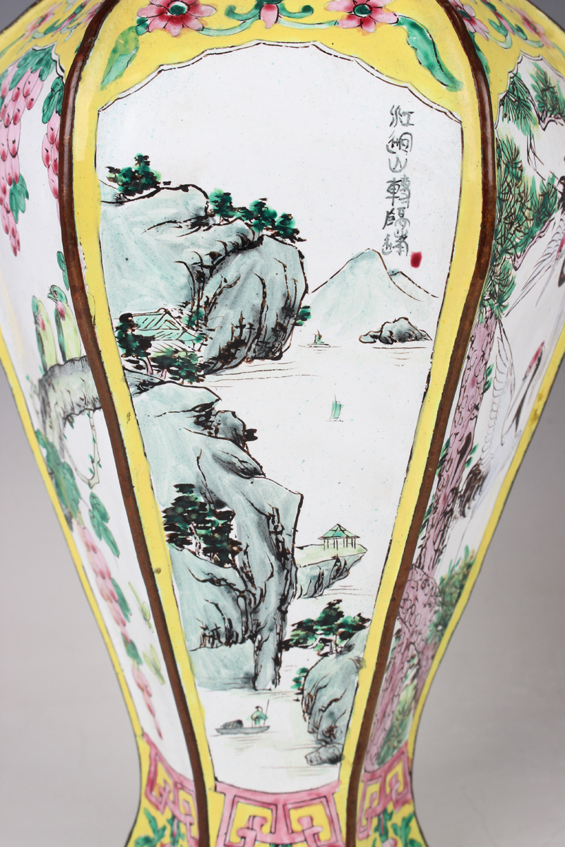 A pair of Chinese Canton enamel vases, 20th century, each of hexagonal baluster form, each facet - Image 15 of 16