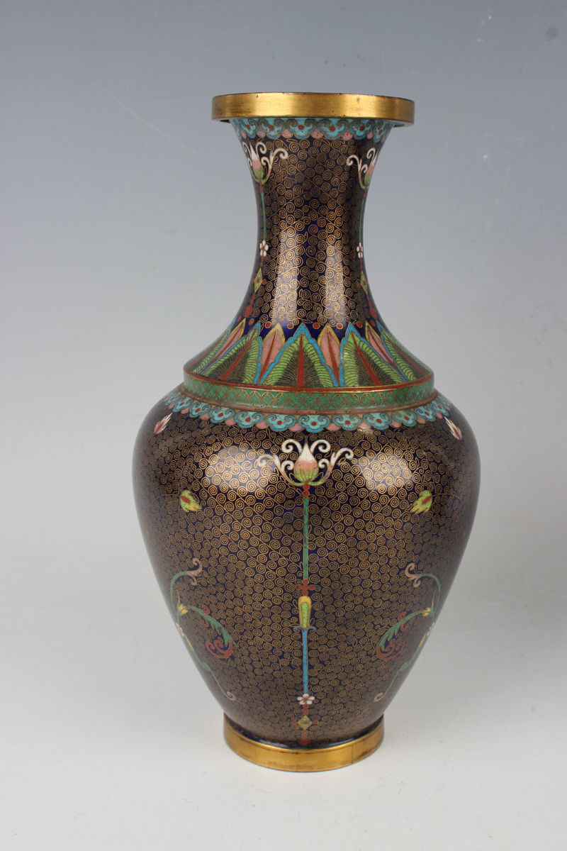 A pair of Chinese cloisonné bottle vases, early 20th century, each ovoid body and flared narrow neck - Image 10 of 12