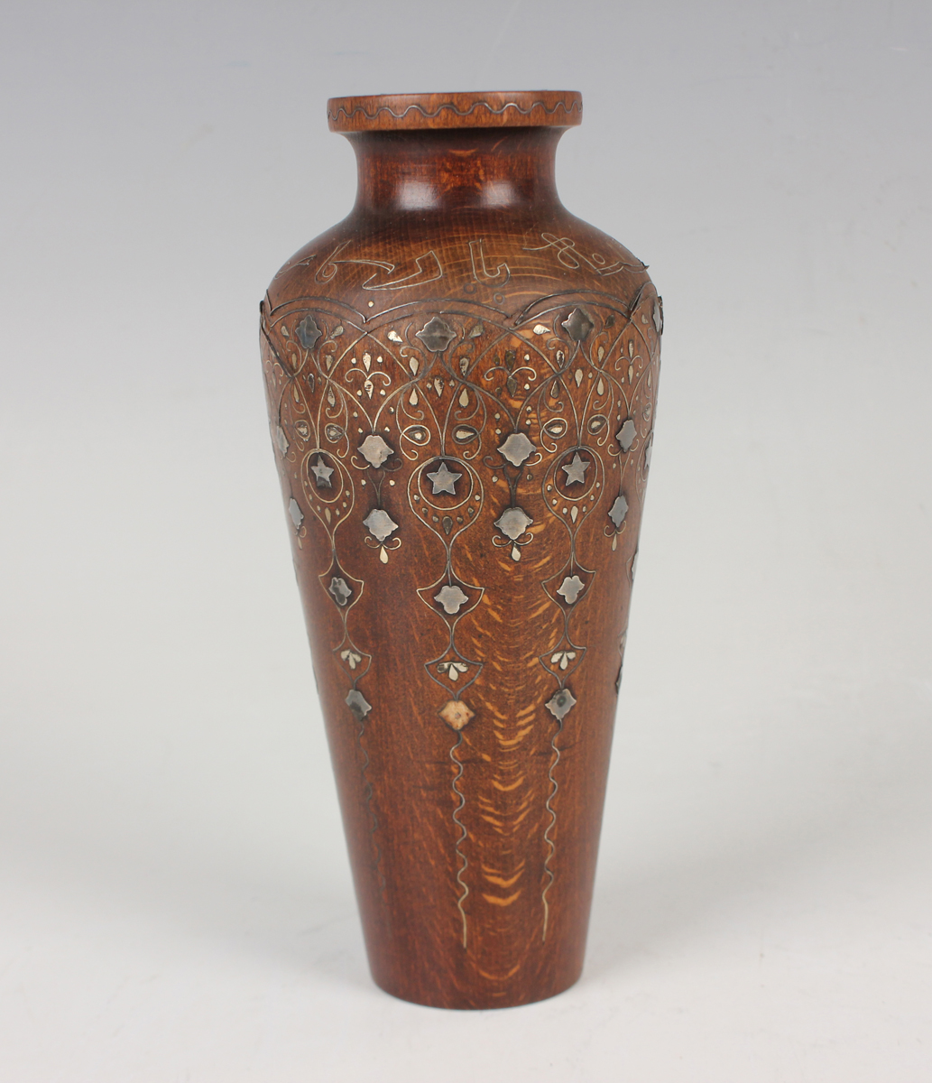 A pair of Islamic inlaid wooden vases, probably Syrian, early 20th century, each shouldered tapering - Image 16 of 28