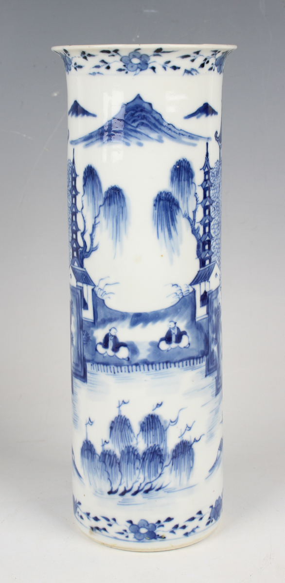 A pair of Chinese blue and white porcelain cylinder vases, mark of Kangxi but late 19th century, - Image 15 of 28