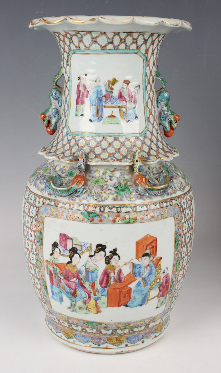 A pair of Chinese Canton famille rose porcelain vases, mid-19th century, each shouldered body and - Image 24 of 24