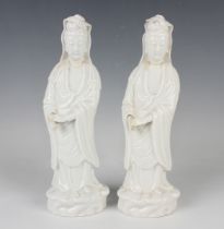 Two Chinese blanc-de-Chine porcelain figures of Guanyin, Qing dynasty, each modelled standing