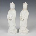 Two Chinese blanc-de-Chine porcelain figures of Guanyin, Qing dynasty, each modelled standing
