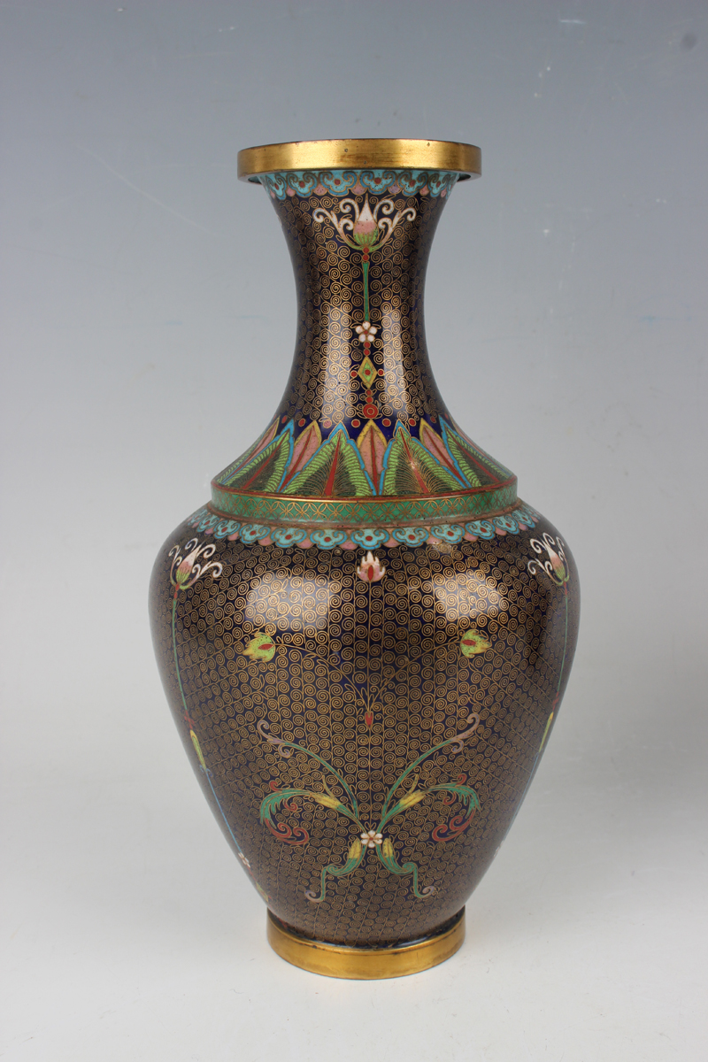 A pair of Chinese cloisonné bottle vases, early 20th century, each ovoid body and flared narrow neck - Image 11 of 12