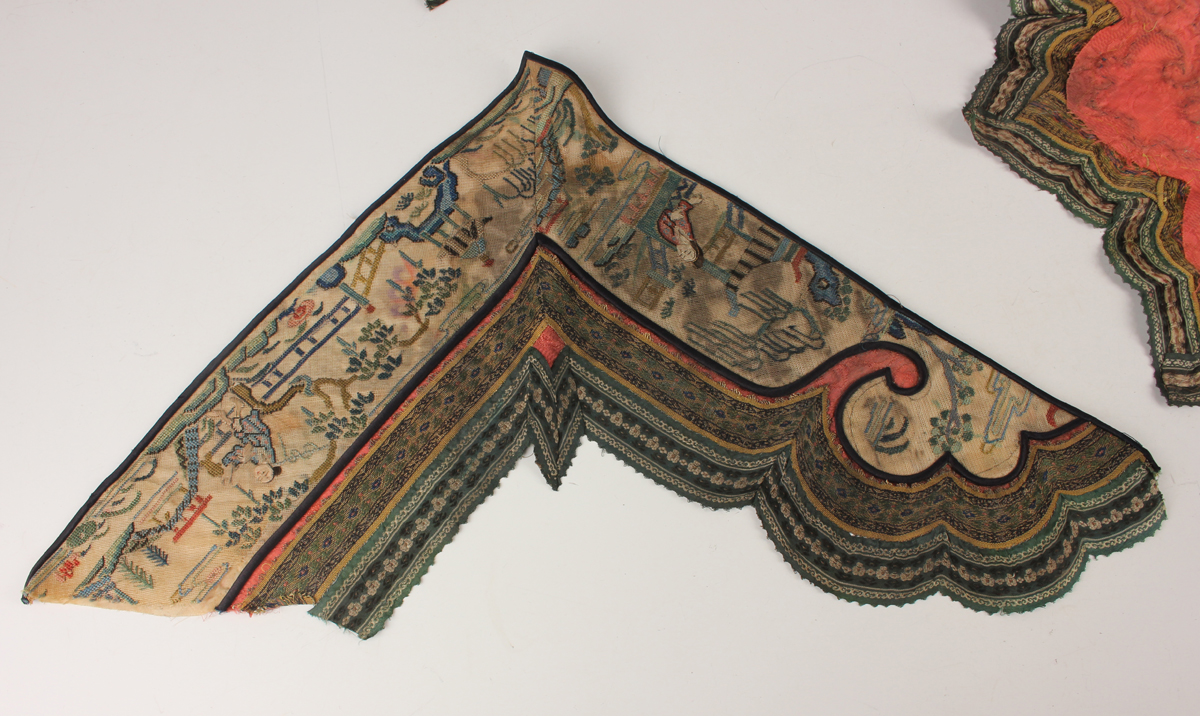 A small collection of Chinese export silkwork, late Qing dynasty, including a collar, decorated with - Image 37 of 43