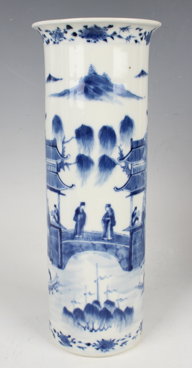 A pair of Chinese blue and white porcelain cylinder vases, mark of Kangxi but late 19th century, - Image 26 of 28